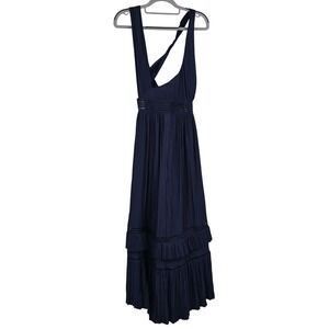 Ramy Brook Giovanna Dress Navy Blue Pleated Halter Maxi Tiered Size 6 NEW